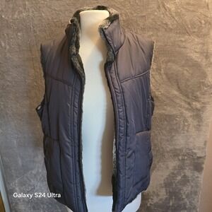 Women's Reversible Puffer Vest Faux Fur Lined Gray Blue Zip Front Pockets Size L